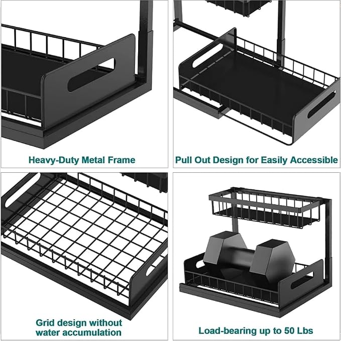 Under Sink Organizer 2-Pack Slide Out Drawer 2 Tier Storage Black Under Cabinet Kitchen Bath - Image 3