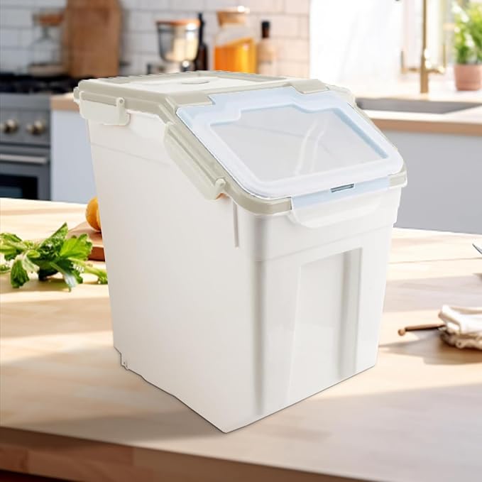 50LB Large Flour Storage Container Bin,2 Pack Airtight Plastic with Wheels Seal Locking Lid Dispenser Organizer Bin with Measuring Cup & Scoop for Flour, Rice, Grain 100LBS Total Capacity(Grey) - Image 2