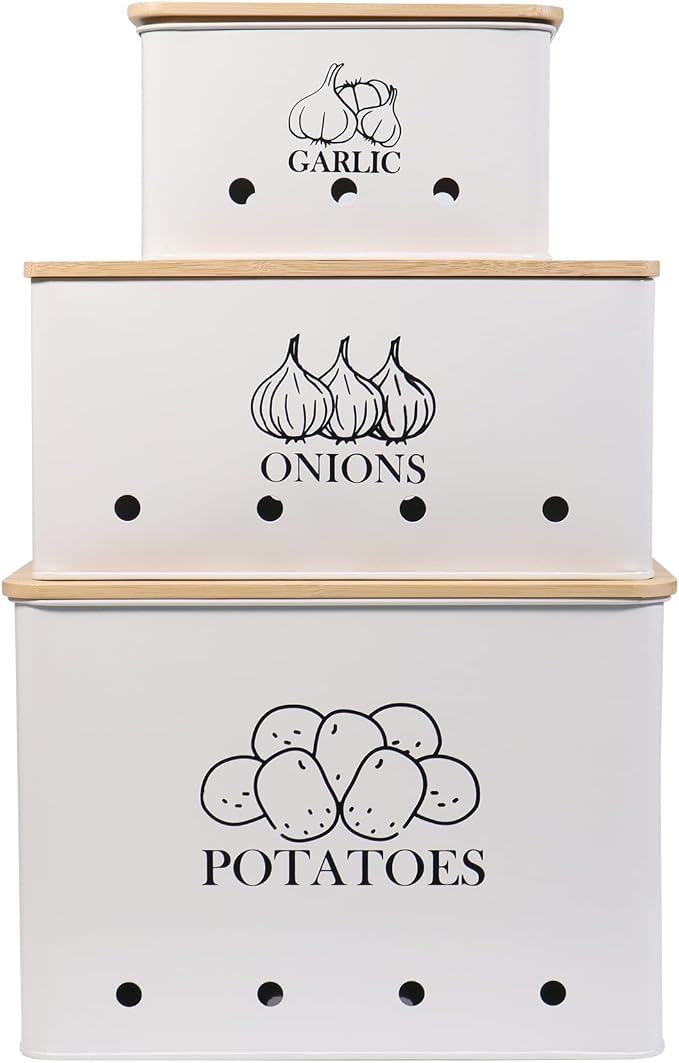 Kitchen Vegetable Storage Tins Set of 3 for Potato Onion & Garlic with Wooden Lid and Aerating Holes, Kitchen Storage Canisters Set, Vintage Kitchen Decor - White by Gdfjiy