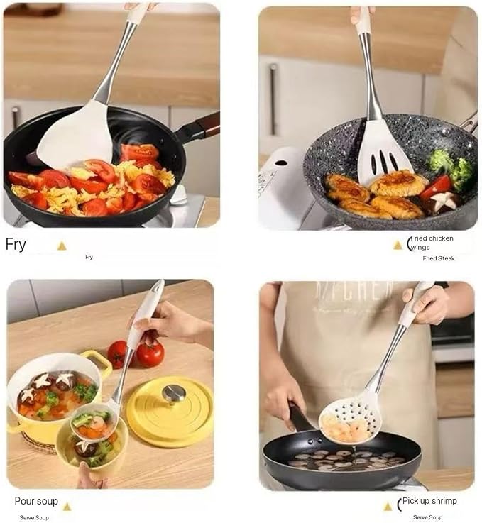 8-Piece Silicone Kitchen Utensil Set, White and Gold, Heat Resistant Cooking Tools with Comfort Handles- Includes Spatula & Spoon for Nonstick Cookware (Green & Gold) - Image 4
