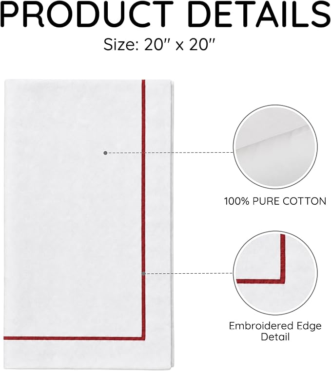 Cloth Napkins Set of 4, 20x20 inch, 100% Pure Cotton Hand Embroidered French Knot, Reusable & Machine Washable, Elegant Table Napkins for Dinner, Weddings, Parties (Red Line) - Image 3