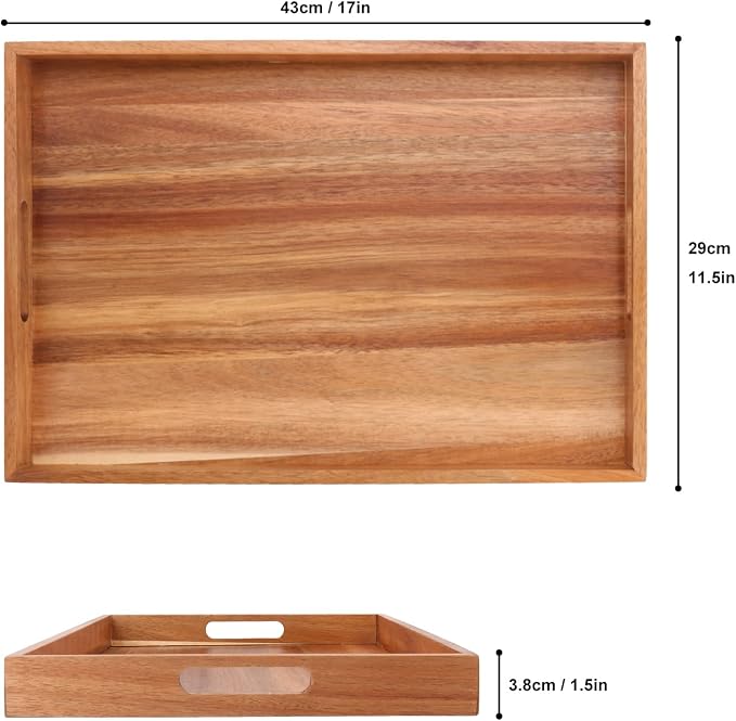 2 PCS Acacia Wood Serving Tray with Handles - 17 x 11.5 Inch Elegant Rectangle Wooden Tray for Food, Decorative Snack Tray, Breakfast and Kitchen Tray, Ideal Wooden Serving Platter for Homes - Image 2