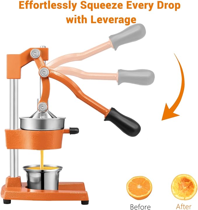 TONGCHANT Cast Iron Manual Juicer for Orange Lemon Lime Pomegranate &Citrus | Heavy Duty Orange Juicer Squeezer, Hand Press Juicer, Citrus Press, Stainless Steel Cup, Easy to Clean, Orange - Image 5