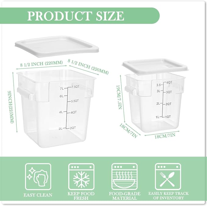 Lallisa 4 Pcs 8qt & 4qt Clear Food Storage Containers with Lids Handles and Scales, Stackable Plastic Square Food Storage Containers for Dough Proofing Baking Kitchen Restaurant(White) - Image 2