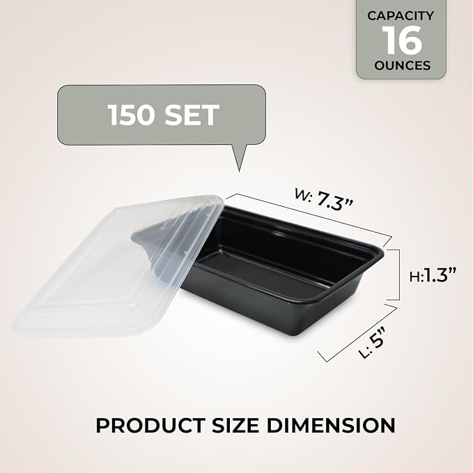 Klex 16 Oz, 150 Sets Meal Prep Containers with Airtight Lids, BPA Free, Reusable Plastic Food Container, 16 oz, Rectangular, Black/Clear, 150 Sets - Image 2