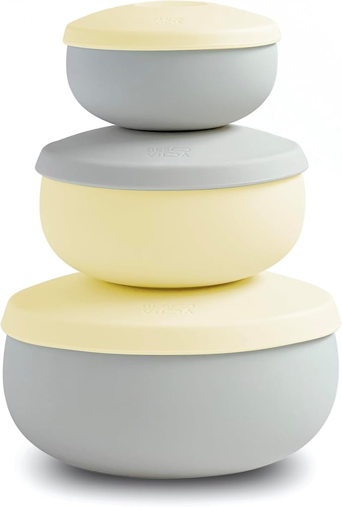 Silicone Bowl Set of 3 with Lids – Multi-Size, Leak-Proof, BPA-Free Food Storage Containers | Freezer, Microwave & Oven Safe | Ideal for Meal Prep & Leftovers (Lemon Yellow) by BesoVida