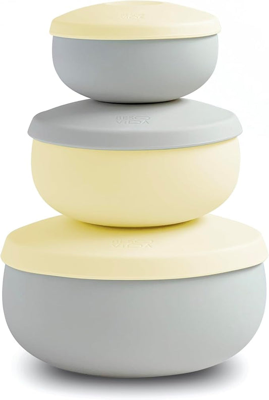 Silicone Bowl Set of 3 with Lids – Multi-Size, Leak-Proof, BPA-Free Food Storage Containers | Freezer, Microwave & Oven Safe | Ideal for Meal Prep & Leftovers (Lemon Yellow) by BesoVida