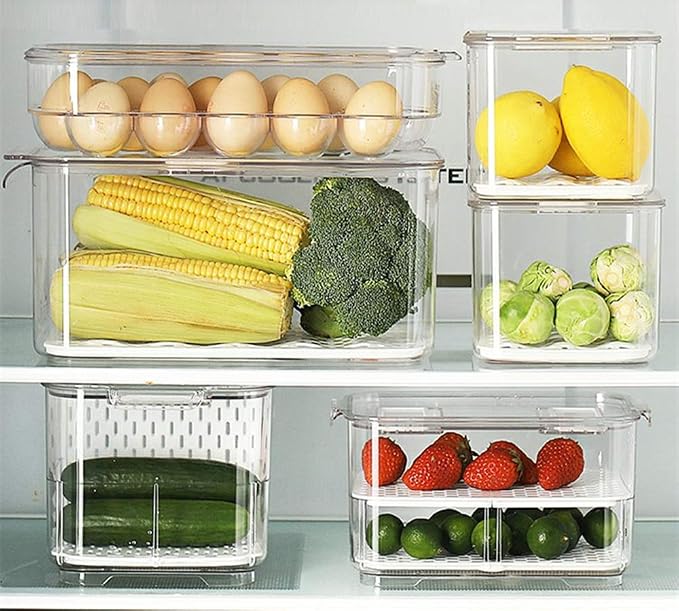SANNO Fridge Food Storage Containers Produce Saver FreshWorks Produce Food Storage Container Bin Stackable Refrigerator Kitchen Organizer Keeper, with Removable Drain Tray to Keep Fresh - Image 8