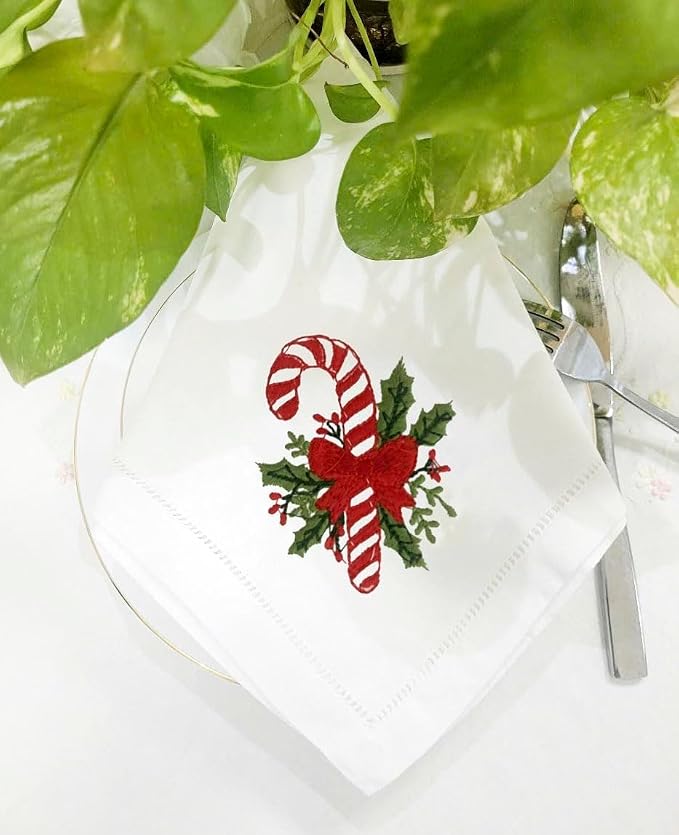– Embroidered Cloth Napkin Candy Christmas Design, Set of 6 100% Cotton Hemstitch Table Napkins 18x18, Machine Washable – Festive Holiday & Everyday Dining, Great Gift Ideas - Image 4