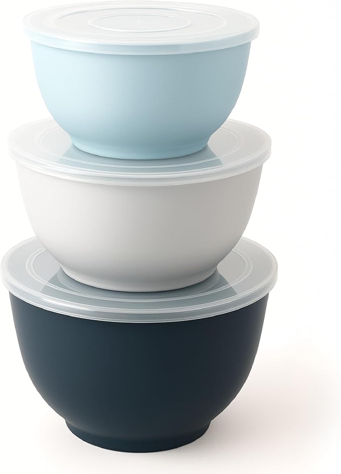 TP Melamine Mixing Bowl Set with Lids, Salad Bowl Set of 3, Blue&White | Nesting Design,Break-resistant,Pasta & Salad Prep, Baking Prep, Space-saving Storage, Freezer Safe, Dishwasher Safe by TastePrime