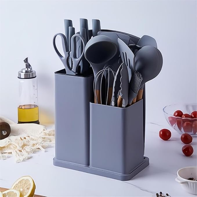 19 Pcs Kitchen Cooking Utensils and Knife Set with Block, Include 11 Pcs Silicone Cooking Utensils Set 5 Pieces Sharp Stainless Steel Chef Knives Scissors Whisk Tongs and Cutting Board (Grey) - Image 6