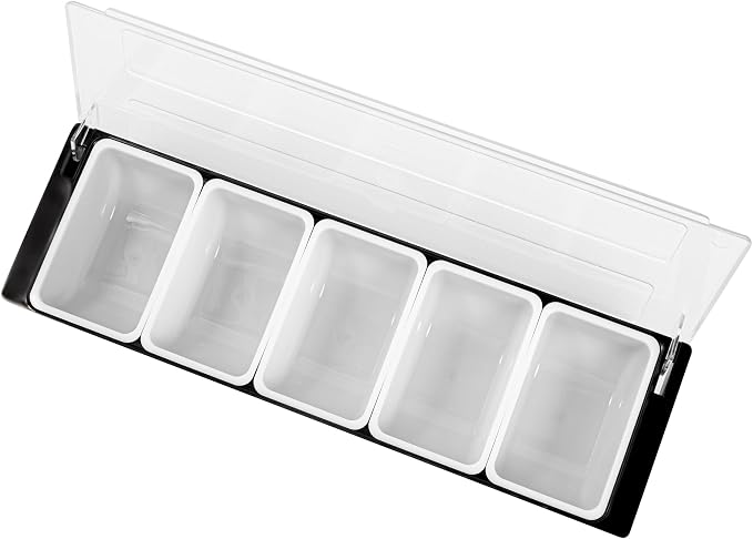 Restaurantware Bar Lux 19.6 x 6.3 x 3.7 Inch Condiment Caddy 1 Durable Bar Caddy - 5 Removable Compartments Built-In Lid Black Plastic Condiment Holder For Restaurant Store Cocktail Garnish - Image 13