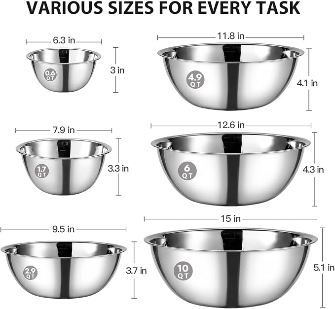 6 Piece Stainless Steel Mixing Bowls Set (0.6–10 QT) | Heavy-Duty Nesting Metal Bowls, 0.6, 1.7, 2.9, 4.9, 6, 10 QT, Flat Base, For Baking, Cooking, Salad Tossing & Meal Prep - Image 3