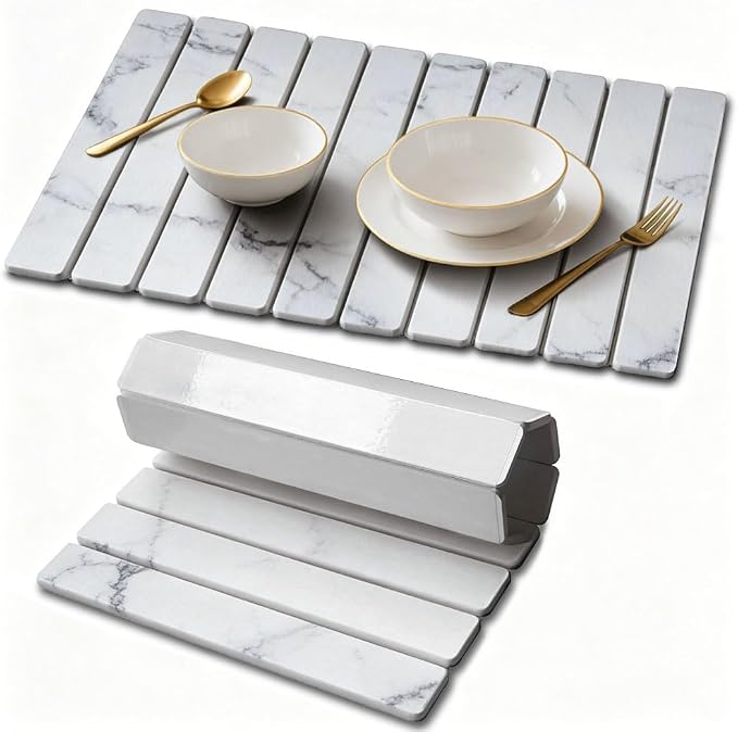 Stone Drying Mat for Kitchen Counter, Quick Diatomaceous Earth Mats for Dishes, 24"L x 16" W Super Absorbent Fast-Drying Collapsible Countertop Stone Mat (Marble White, 24" x 16") by Unknown