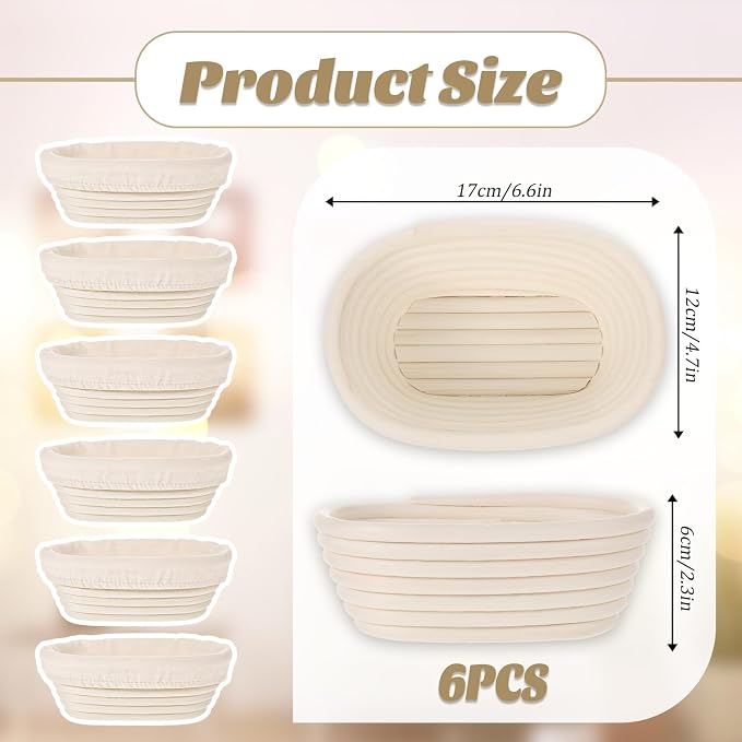 6 Set 6 Inch Oval Banneton Bread Proofing Basket Dough Proofing Bowls Kit with Cloth Liner Small Banneton Basket Proofing Baskets for Home Sourdough Bakers Supplies - Image 2