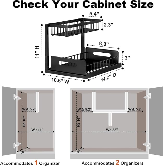 Under Sink Organizer, L-Shaped 2 Tier Pull Out Cabinet Organizer | For Kitchen and Bathroom, Slide Out Under Cabinet Storage, Metal Under Sink Storage with Sliding Drawer, 50 lbs, Black 2 Pack - Image 2