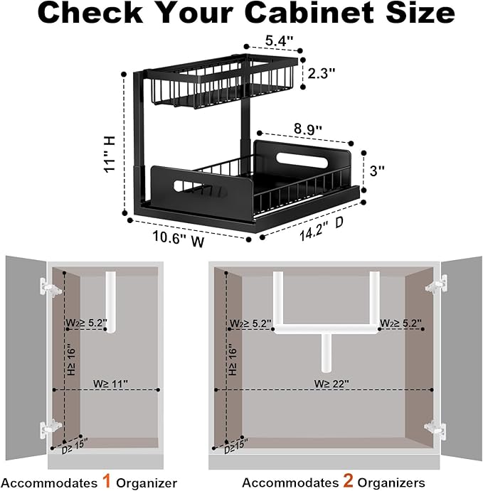 Under Sink Organizer, L-Shaped 2 Tier Pull Out Cabinet Organizer | For Kitchen and Bathroom, Slide Out Under Cabinet Storage, Metal Under Sink Storage with Sliding Drawer, 50 lbs, Black 2 Pack - Image 2
