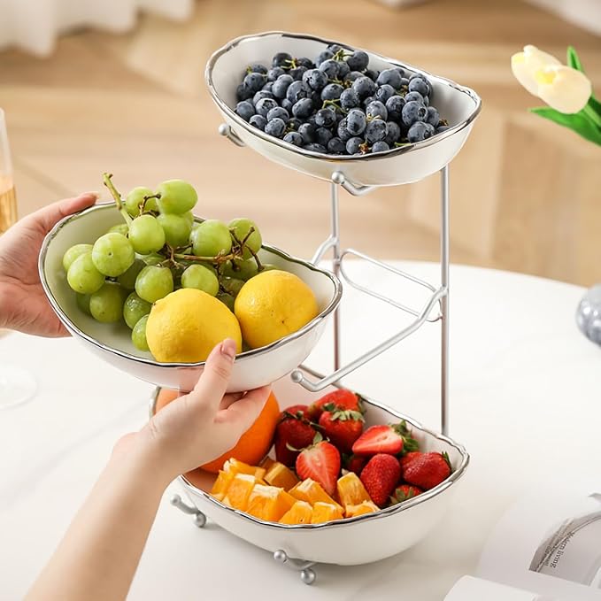 3-Tier Fruit Bowls for Kitchen Counter,Ceramic White Bowl with Sliver Metal Stand,3 Tier Fruit Basket for Fruit,Snack,Cake,Nuts,Dessert Storage - Image 5