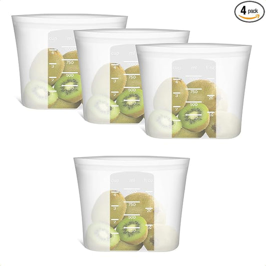 Reusable Silicone Food Storage Bags Quart 4 Pack, Stand Up Ziplock Reusable Freezer Sandwich Bag Containers for Food Travel, Freezer Microwave Oven Dishwasher Safe, Translucent, 33.8fl.oz by Annaklin