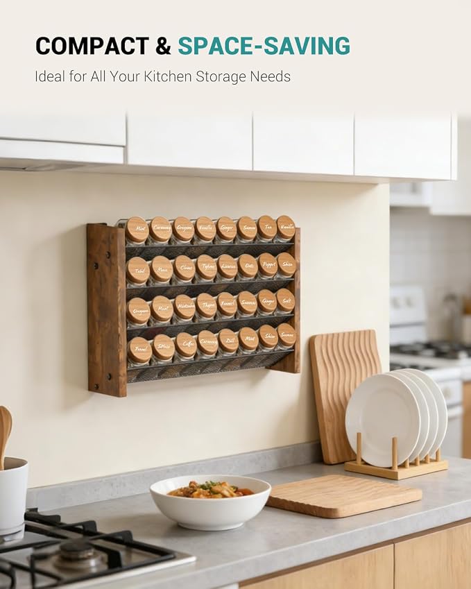 NESAPTO Spice Rack Organizer for Cabinet, Wood 4-Tier Vertical Seasoning Organizer, Wall Mount or Countertop Spice Shelf, Holds 32 Jars (No Jars Included), 15.7" W x 10.3" H - Image 4