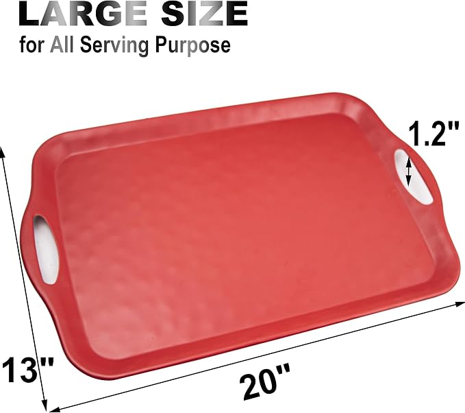 ECOIOU 20x13 inch Extra Large Serving Tray with Handles, Set of 2, Red | Melamine Platters for Serving Food, Turkey, Cookie, Rectangular Trays for Eating, Raised Dots Matt Finished, Dishwasher Safe - Image 2