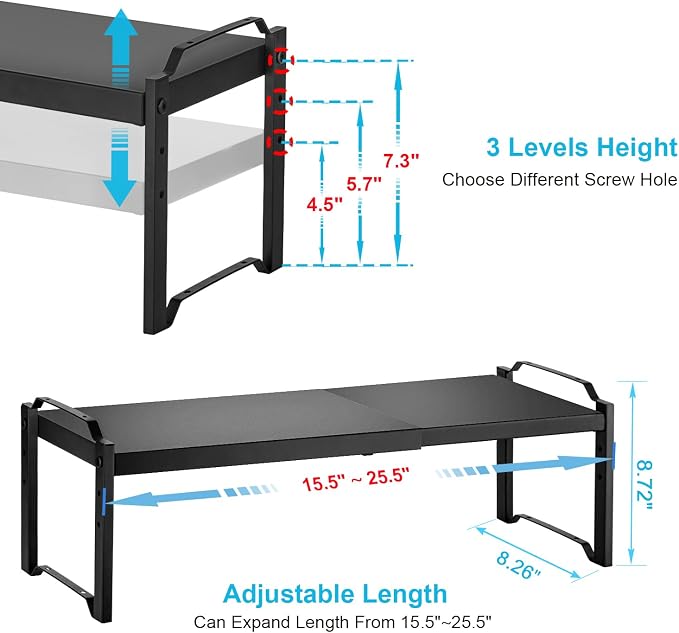 X-cosrack 25.5 Inches 3 Pack Expandable Cabinet Shelves, Stackable Shelf Organizer for Kitchen Cabinet Countertop Storage, Adjustable Counter Cupboard Pantry Organizer Shelf Rack Stand Riser, Black - Image 2