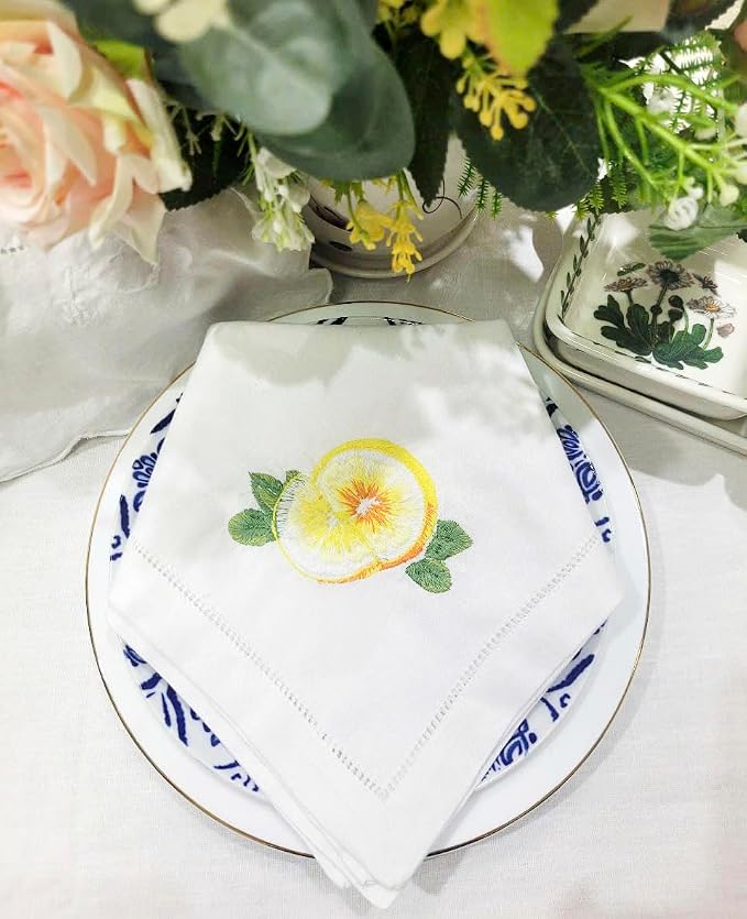 Embroidered Cloth Napkin Lemon Cotton Napkins Set of 6, 20x20 Hemstitch Table Napkins Machine Washable, Daily & Holidays, Great Present Ideas - Image 5