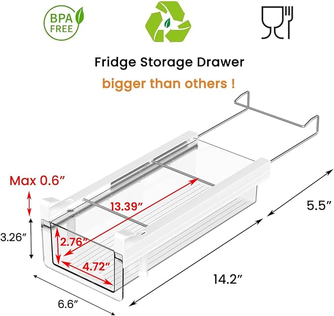 Fridge Organizer Drawer, Clear Plastic Fridge Organizer Bins, Add on Refrigerator Drawer,Fridge Storage Container Under Shelf Holder for Fruit, Vegetable, Meat, Cheese, Easy to Install-M - Image 2