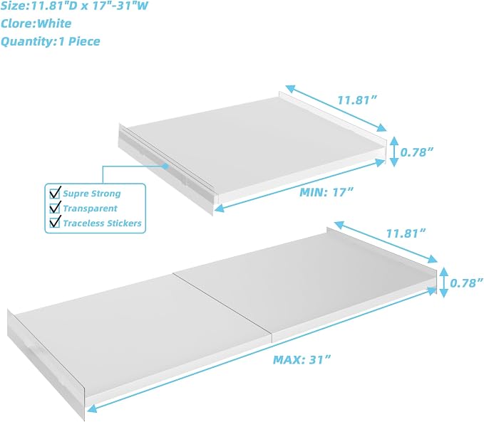 Adjustable Closet Shelves Organizers,1 Pack Expandable for Cabinet Rack Storage Wardrobe Tension Shelving for Pantry Cupboard Kitchen (White,W:11.8" D x 17"-31" W,1-PCS) - Image 3