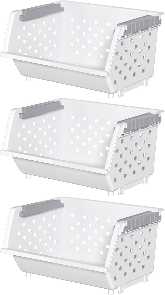 Stackable Storage Bins, Open Front for Pantry Storage, 3 Pack | Plastic Kitchen Organizer Basket, Open Front Access, Stacking Bins for Snacks, Produce and Pantry Items, White - Image 6