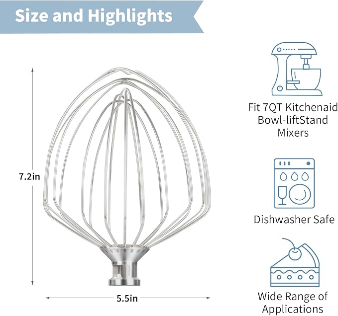 Whisk Attachment for KitchenAid Stand Mixer 7 Quart Bowl | Stainless Steel Whisk Replacement for KitchenAid Lift Bowl Mixer, Dishwasher Safe - Image 3