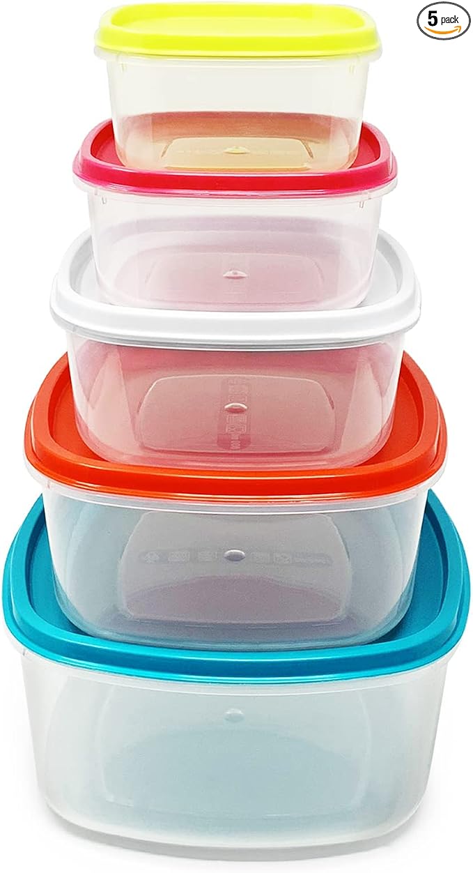 PLASTIFIC Set of 5-220/350/600/1200/2000ml Food Storage Container Stackable Food Prep Container with Lid, Airtight BPA-Free, Microwave, Freezer & Dishwasher Safe (Assorted Color)… by Unknown