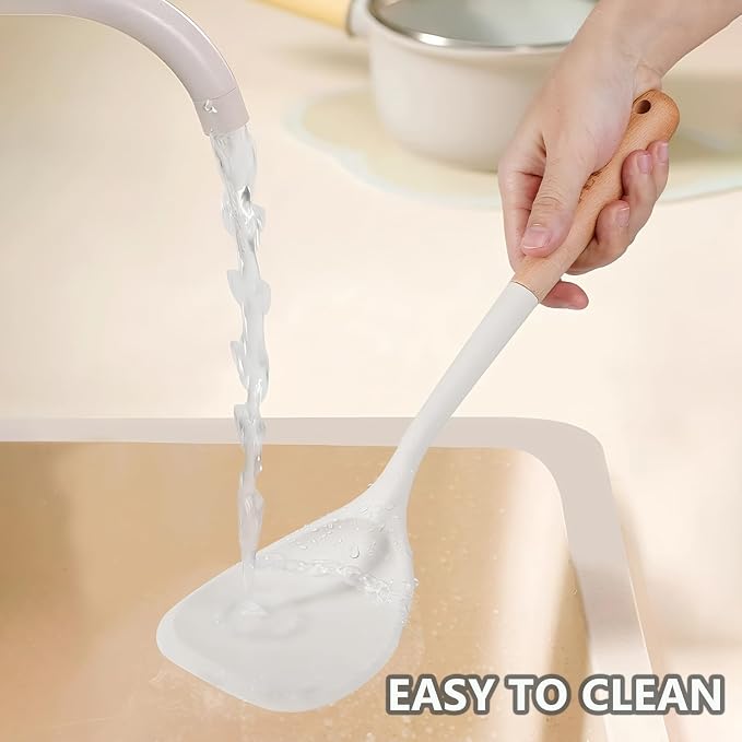 Silicone Cooking Utensils Set 5 Pcs Large Non-Stick Kitchen Utensils Set, Wooden Handle Heat Resistance Turner Soup Ladle Spoon Silicone Cooking Kitchen Gadgets BPA Free for Nonstick Cookware - Image 6