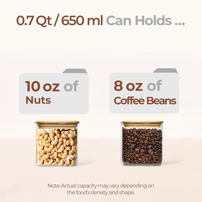 ComSaf Square Glass Containers with Lids 0.7 Qt, Set of 6 Pantry Galss Jars | Glass Storage Containers with Lids, Small Canisters, Spice Jar, Bamboo Lid with Silicone Seal, Size For Subpackage, BPA Free - Image 3