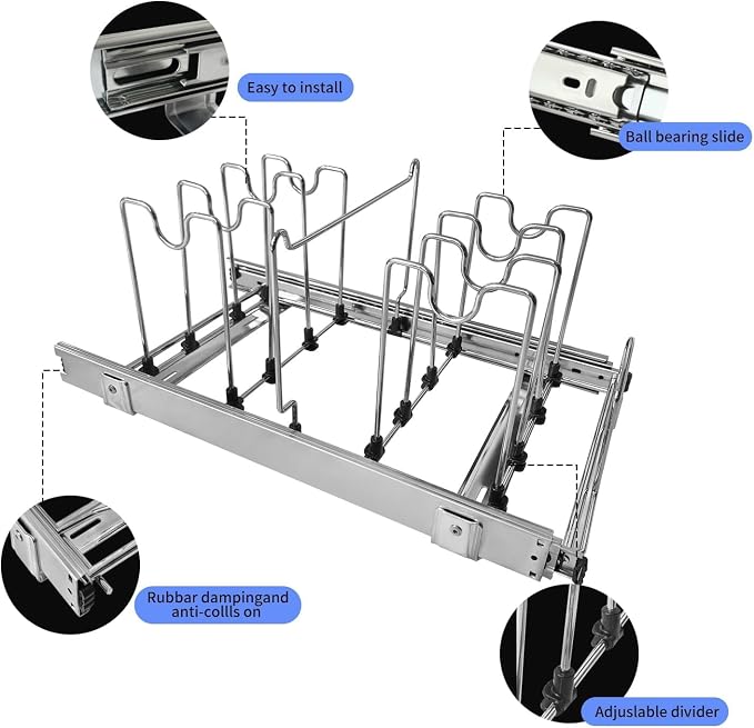 Pots and Pans Pull Out Organizer Under Cabinet, Adjustable Slide Out Pan and Pot Lid Rack Holder, Wire Dividers Kitchen Organization And Storage, Full-Extension Rail 12" W X 20" D - Image 4