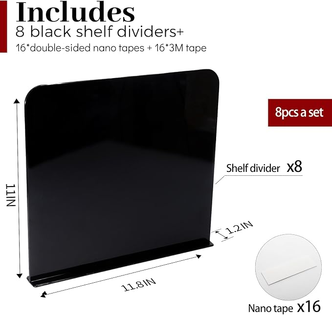 8 Pack Acrylic Shelf Dividers for Closet Wood Shelf Organizer,Multi-Functional Wood Closet Separator for Storage and Organization, Bedroom Closet Organizer Fit for Any Thickness of Shelves(Black) - Image 4