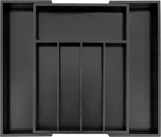 VaeFae Bamboo Drawer Organizer, Medium, Black | Wooden Utensil Holder for Forks Knives, 38 cm D x 29.2-45.7 cm W, 5-7 Slots, Black by VaeFaeDirect