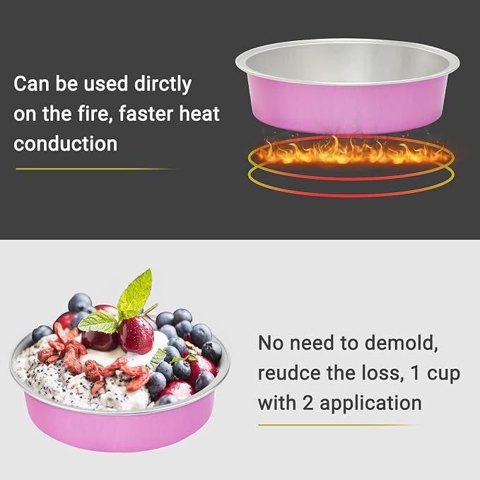 Beasea Disposable Mini Pans with Lids, 100 Pack 4” 8oz Pink Aluminum Baking Pie Foil Tins Small Round Tart Cups Containers for Individual Cupcake Muffin Cheesecake Dessert Ramekins Quiche Oven Dishes - Image 3