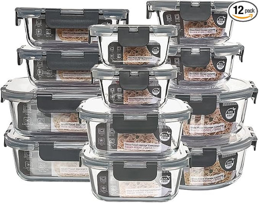 12 Pack Glass Storage Containers Transparent, Stackable Design Meal Prep Containers for Food Storage, Home, Kitchen & Pantry Organization, Microwave/Freezer/Dishwasher Safe by MakingLifeMuchFuller