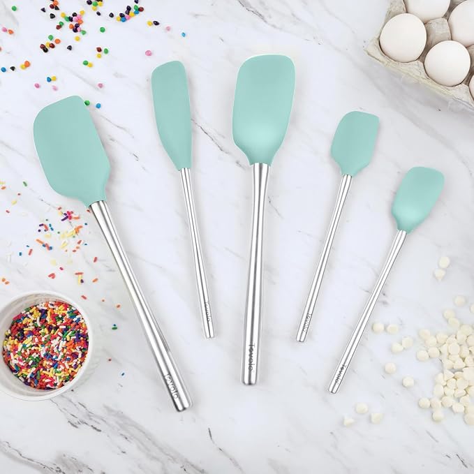 Tovolo Stainless Steel Handled Silicone Spatula Set of 5, Dishwasher Safe Kitchen Spatula Set for Cooking Baking, BPA Free Silicone Spatula set with Metal Steel Handle, Aqua Seafoam Green - Image 3