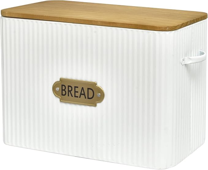 EMAX HOME Vertical Stripes Extra Large Space Saving Farmhouse Bread Box with Wood Lid - Holds 2 Loaves - White Vertical Breadbox Bread Storage Bin Holder for Kitchen Countertop - Image 5