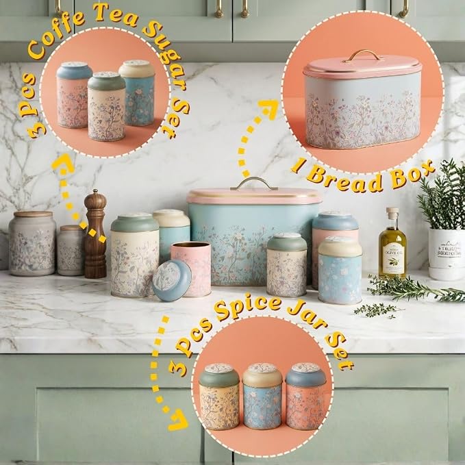 MARIA ROMA 7 Pcs Bread Box Set for Kitchen Countertop and Canisters Sets for the Kitchen Ideal for Bread Basket Sugar Container Coffee Canister Tea Tin Breadbox Vintage and Rustic Model - Image 2