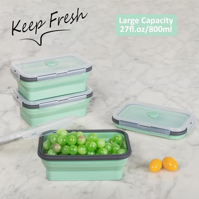 Collapsible Food Storage Containers with Lids & Vent, 27 oz, Kitchen Stacking Silicone Collapsible Meal Prep Container Set for Leftover, Microwave Freezer Dishwasher Safe, Mint Green, 4 Pack - Image 2