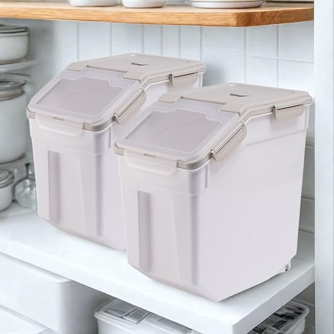 50 lb Flour Storage Container, 2 Pack Rice Storage Container with Measuring Cup/Wheels Seal Locking Lid for Flour, Rice, Grain, Cereal, Dry Food Dispenser Organizer Storage Bin (Grey) - Image 6