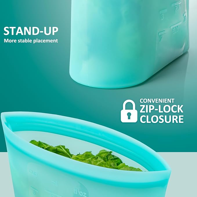 12-Pack Reusable Silicone Food Storage Bags, 100% Silicone Stand-Up Wide-Open Zip-Lock Reusable Storage Bags for Food, Freezer Microwave Oven Dishwasher Safe, Aqua, 4M 4S 4XS - Image 3