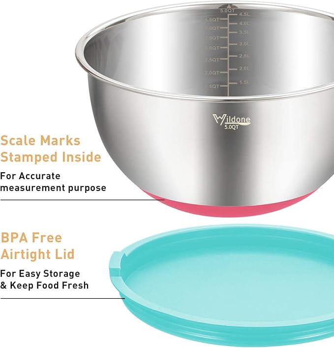 Wildone Mixing Bowls with Airtight Lids Set, 5PCS Stainless Steel Nesting Bowls for Kitchen, with Grater Attachments & Non-Slip Bottoms, Size 5, 3, 2, 1.5, 0.63 QT, for Baking & Serving (Colorful) - Image 2