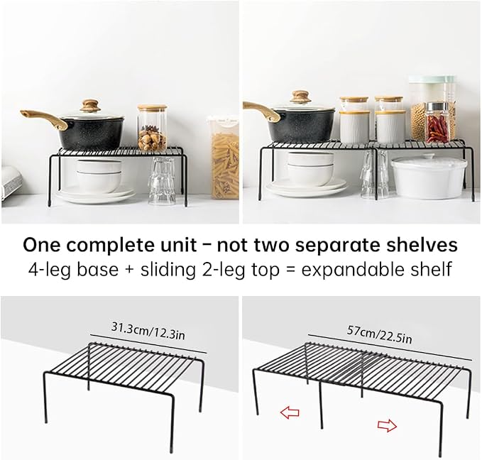 Tomorotec Expandable Cabinet Shelf Organizer, Metal Kitchen Pantry, Black | Extendable from 12.3 to 22.5 in with Heavy Duty Steel Frame and Anti Slip Feet for Bathroom or Closet - Image 3