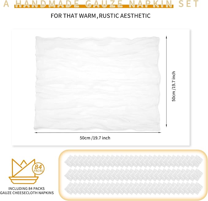 84 Packs Gauze Cheesecloth Napkins 20 x 20 Inch White Wrinkled Dinner Napkins, Rustic Boho Napkins Soft Cloth Napkins for Wedding Party Event Dinner Table Decoration - Image 2