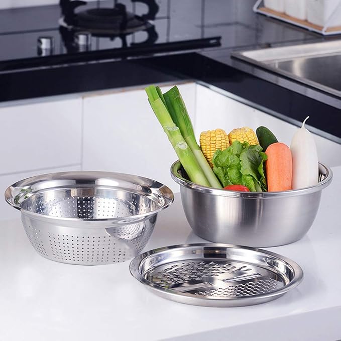 Stainless Steel Kitchen Basin Drain Basket Colander Set 3 in 1 Multifunctional Fruit Vegetable Julienne Grater Strainer Fine Mesh Basket Vegetable Rice Washing Bowl Set - Image 4