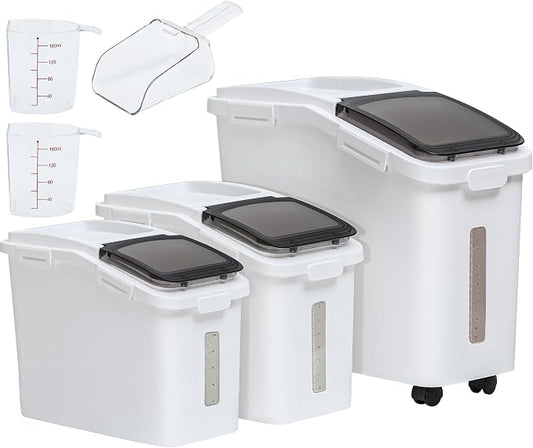YITAHOME Ingredient Storage Bin, 20.6 Gal(11.4+5.8+3.4 Gal) Commercial Rice Flour Storage Container 500 Cups Storage Bins with Wheels Shelf-storage Bin with Scoop and Lid, Rice Bin for Kitchen, White by YITAHOME